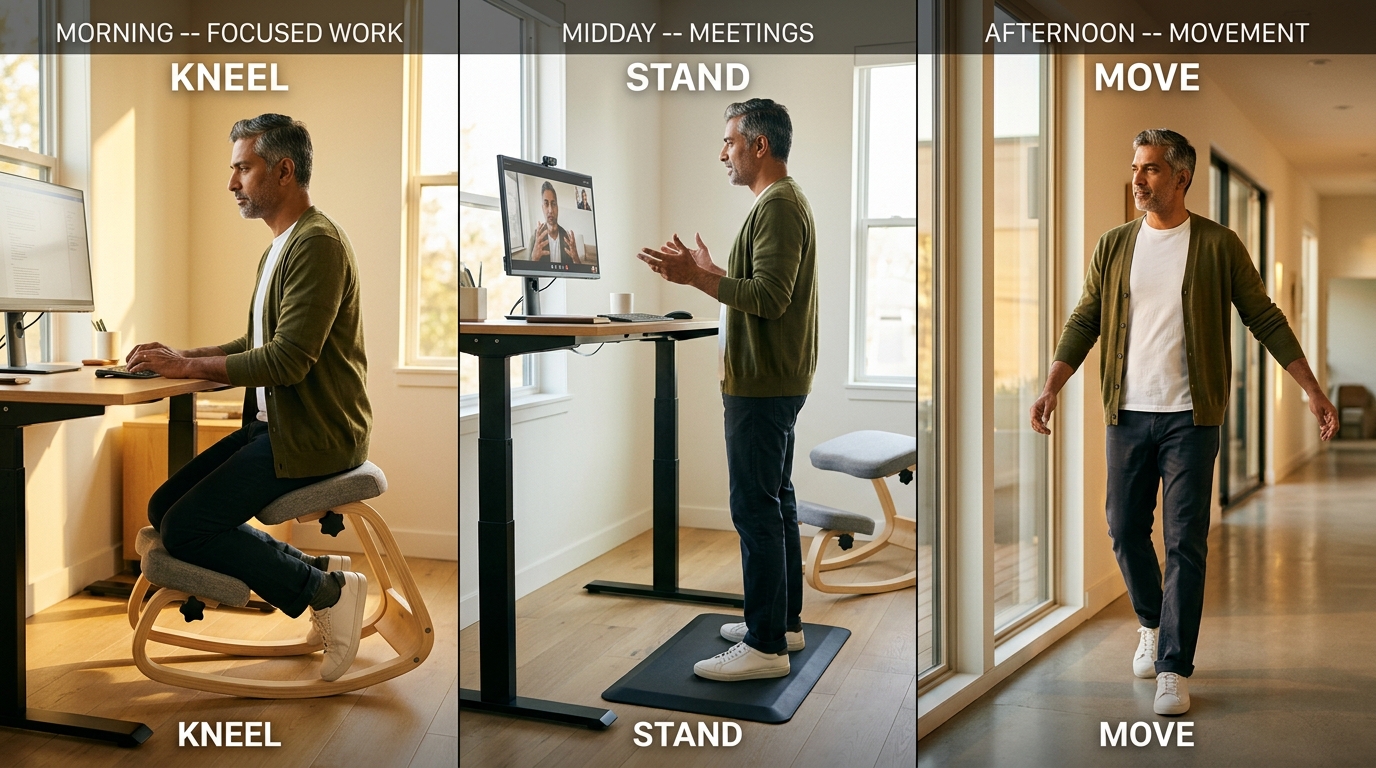 Three-panel daily routine showing morning focused work on NYPOT kneeling chair, midday standing desk meetings, and afternoon walking break