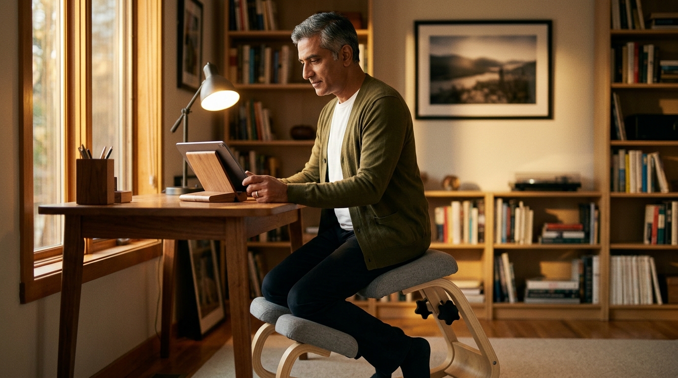 Man in his 50s reading on tablet at NYPOT kneeling chair in warm home office, showing open hip angle and natural lumbar curve