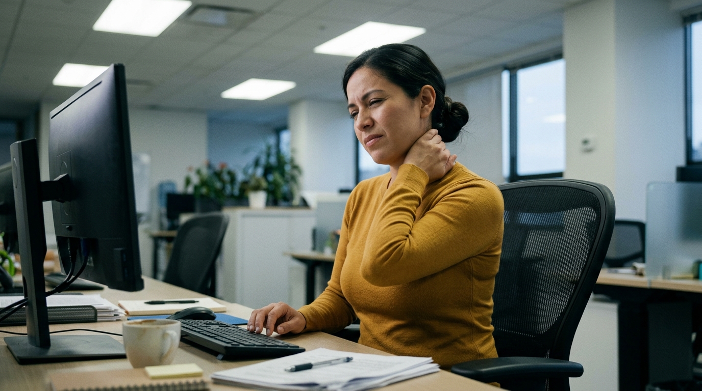 Office worker rubbing neck with mild discomfort at end of workday, showing familiar desk-related neck tension on standard office chair