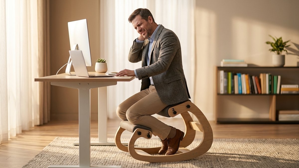 Person sitting at desk with visible forward head posture and neck strain