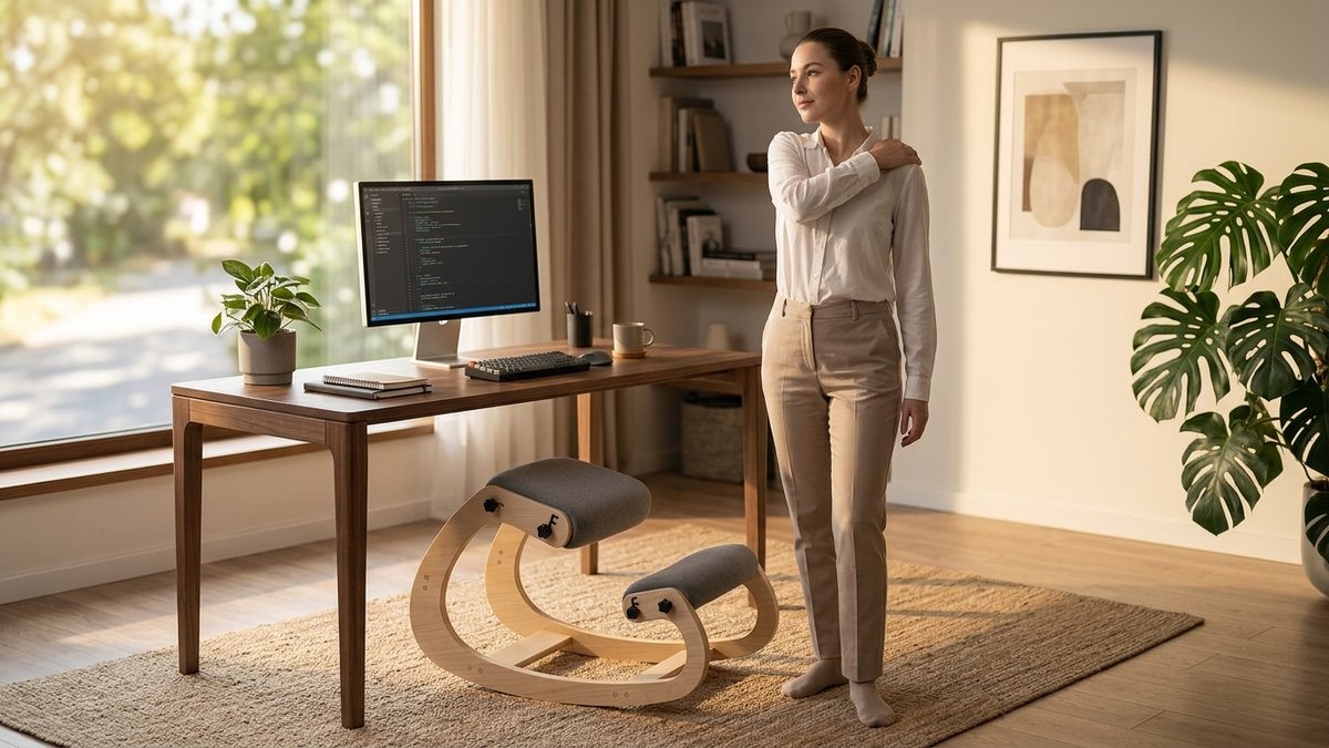 Side-by-side comparison of spinal alignment in a traditional chair versus a kneeling chair