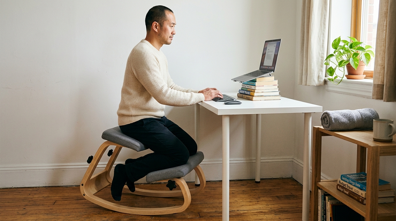 Budget-friendly home office with NYPOT kneeling chair as the ergonomic investment, laptop elevated on books, simple clean workspace
