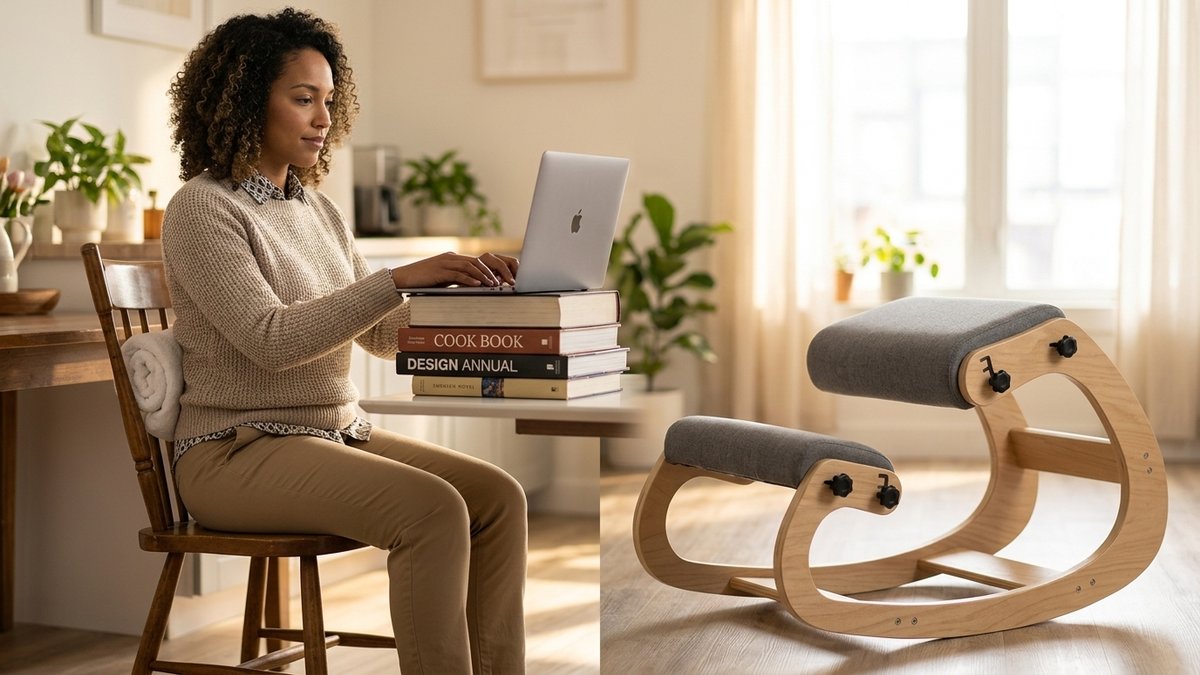 Laptop raised on a stack of books with external keyboard and mouse