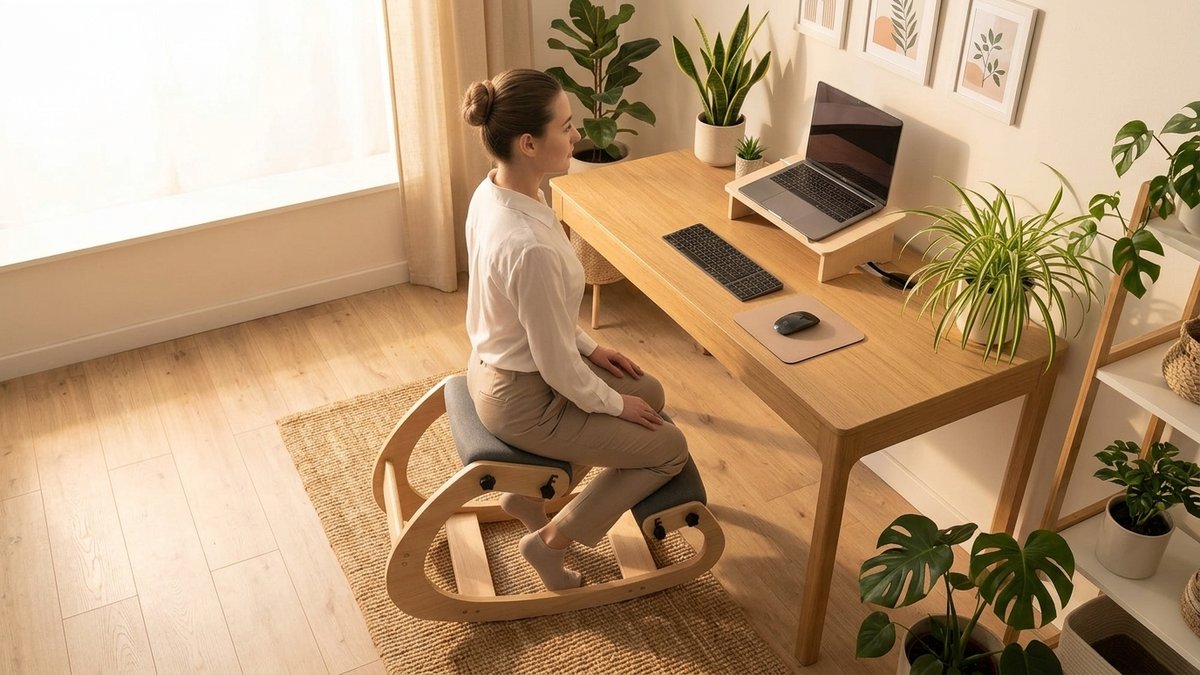 Person doing simple desk stretches and shoulder rolls in a home office