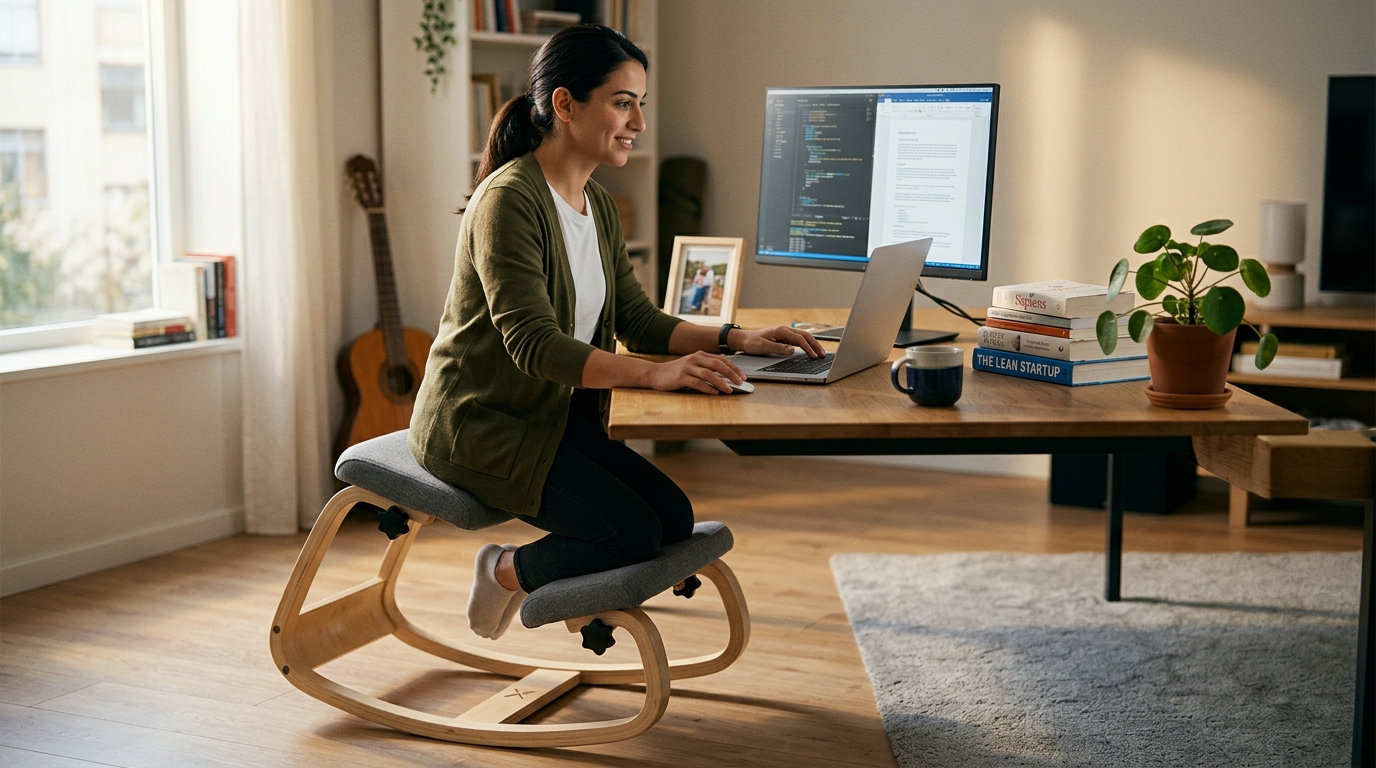 Remote worker on NYPOT kneeling chair in cozy home office with natural light, showing comfortable and productive work-from-home setup