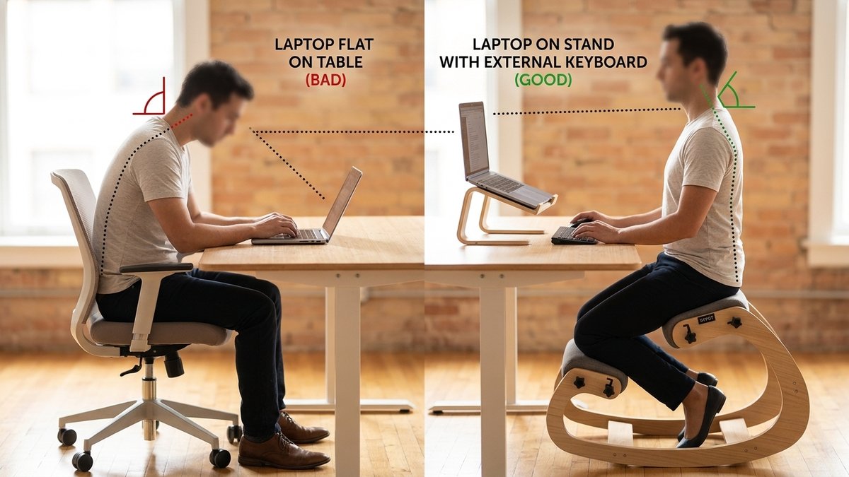 Common home office mistakes showing laptop on dining table with poor posture