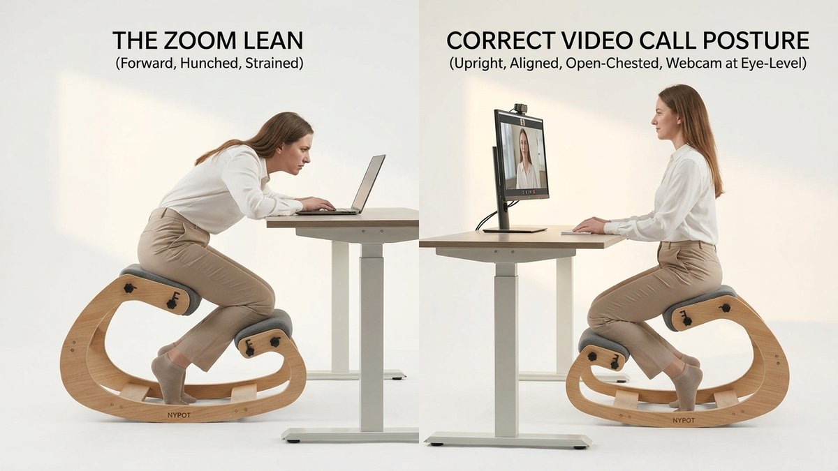 Side-by-side comparison of Zoom lean posture versus correct video call posture