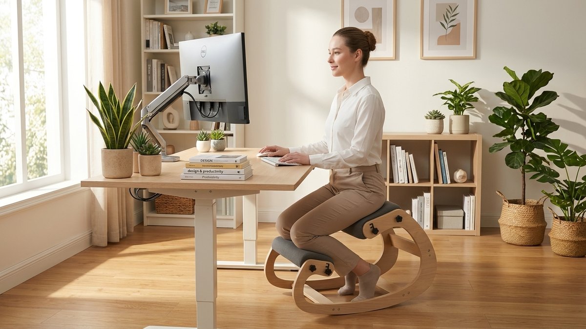 Person doing breathing exercises at a clean home office workspace