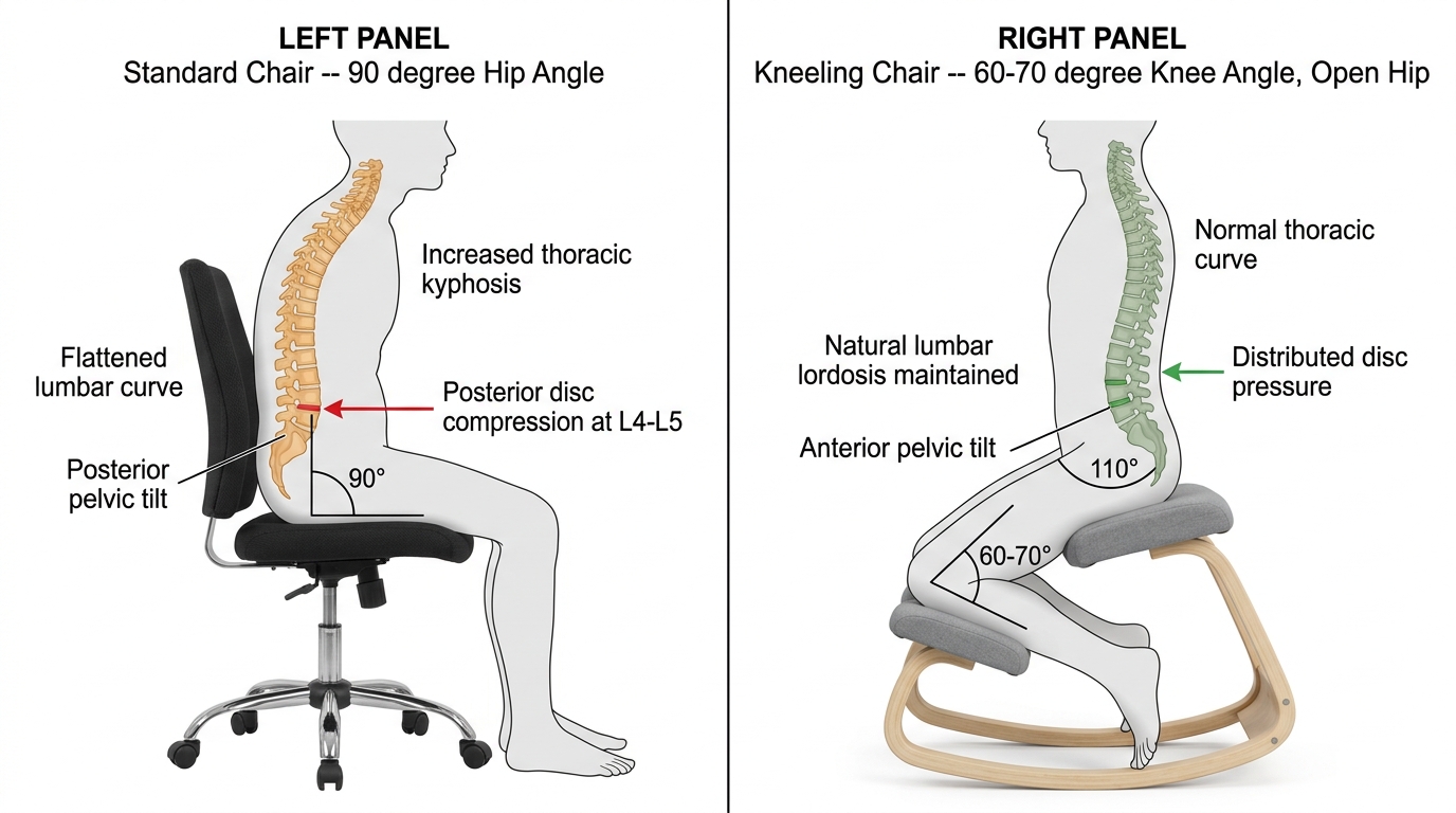 Spine alignment comparison showing posterior pelvic tilt at 90-degree standard chair angle versus natural S-curve on kneeling chair with open hip