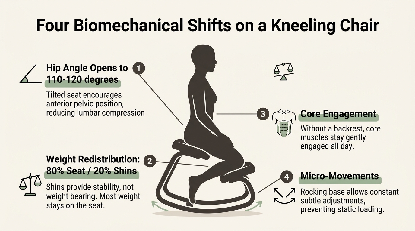 Annotated kneeling chair biomechanics infographic showing four benefits: hip angle opening, weight redistribution, core engagement, and micro-movements