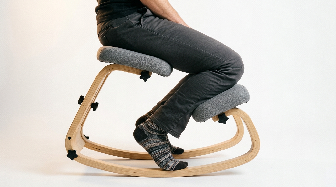 Close-up of NYPOT kneeling chair weight distribution showing 80% on seat cushion and 20% on shin pads, dispelling kneeling misconception