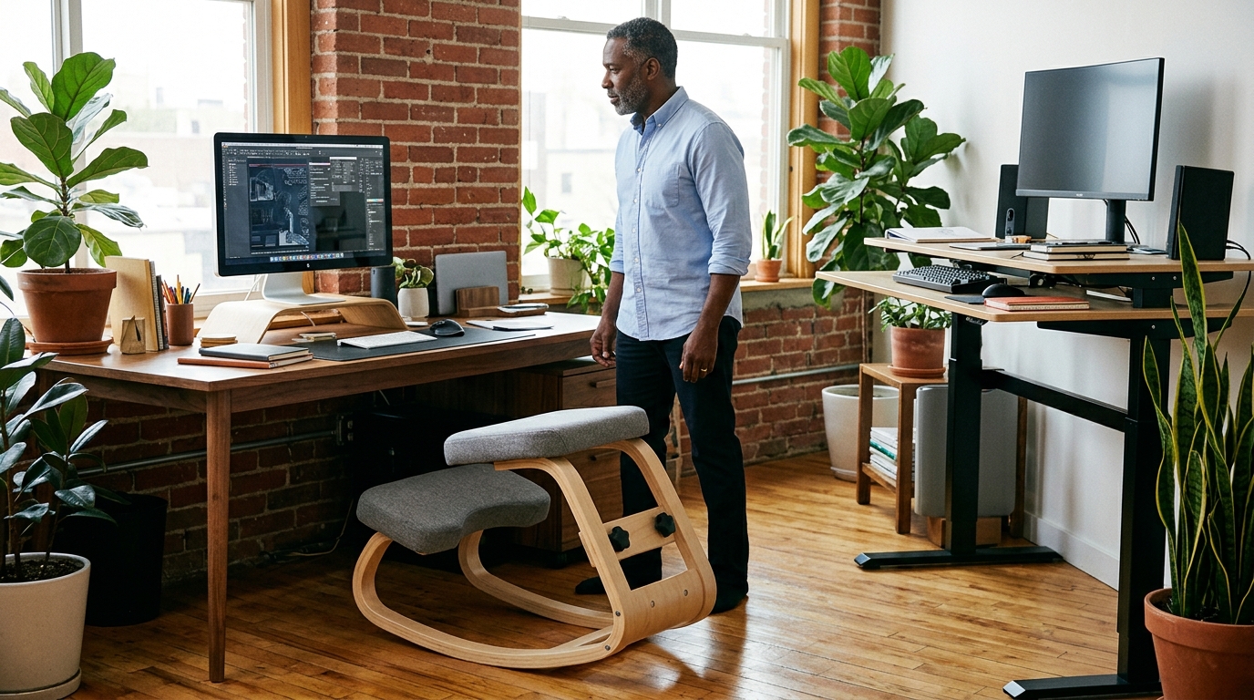 Man in loft home office with NYPOT kneeling chair at primary desk and standing desk nearby, demonstrating position rotation concept
