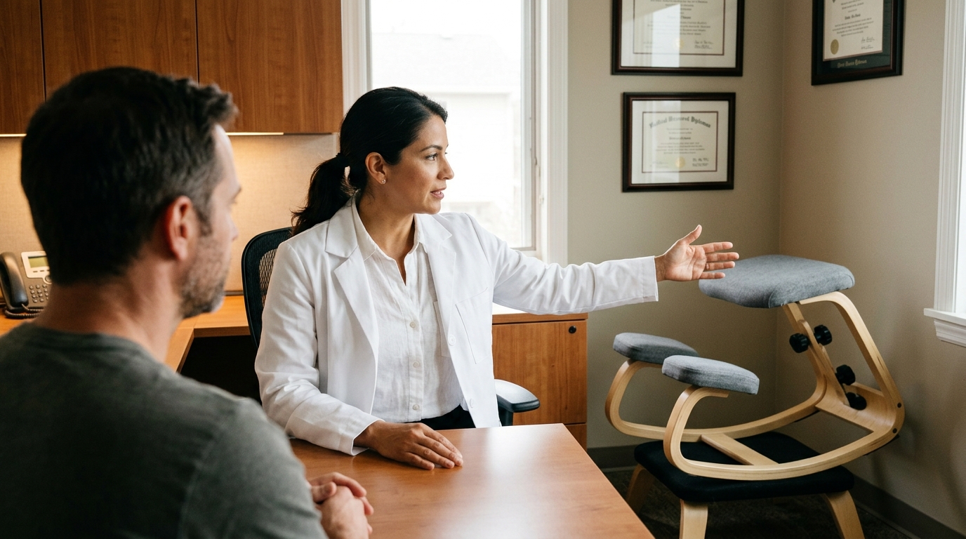 Healthcare professional advising patient about ergonomic seating with NYPOT kneeling chair visible in clinical office