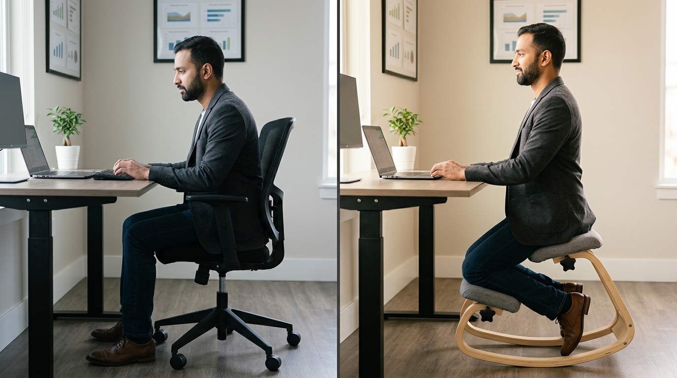 Before-and-after posture comparison showing standard office chair with average posture versus NYPOT kneeling chair with visibly improved alignment