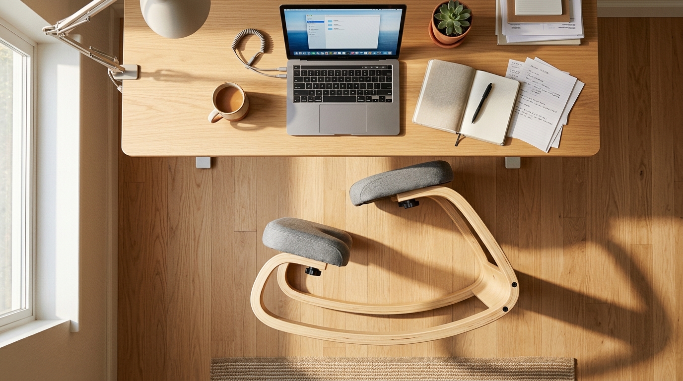 Overhead view of organized workspace with NYPOT kneeling chair, laptop, coffee mug, and plant on warm wooden desk