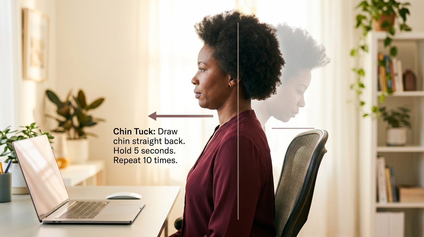 Side-profile demonstration of chin tuck exercise showing backward retraction movement with alignment markers at ear-shoulder line