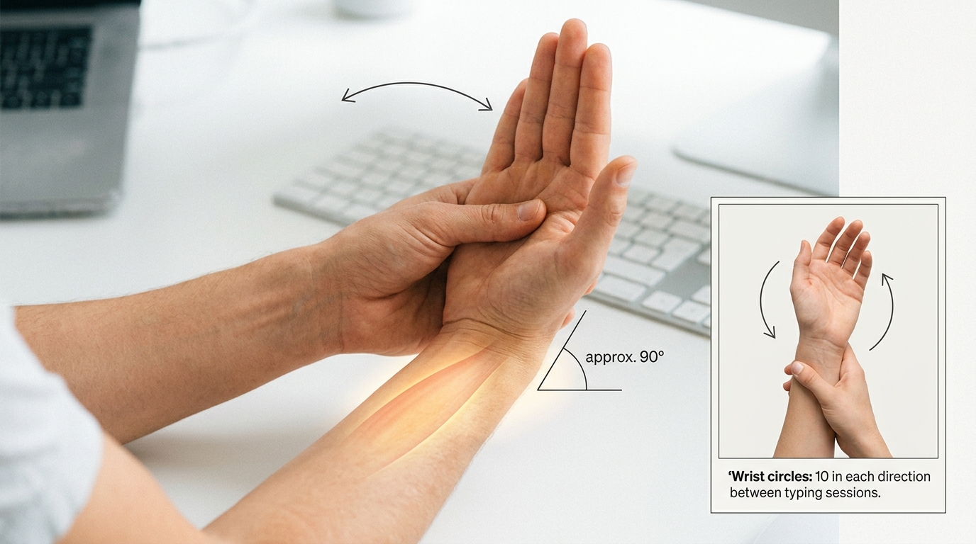 Close-up demonstration of wrist extension stretch at desk with forearm flexor highlight and 90-degree angle annotation