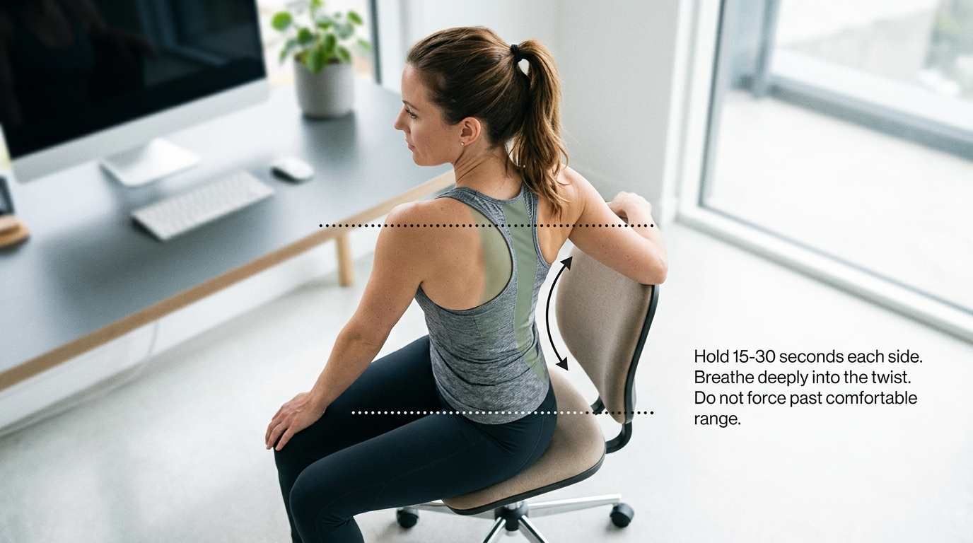 Overhead-angle demonstration of seated spinal twist exercise with rotational arrows and thoracic spine highlight