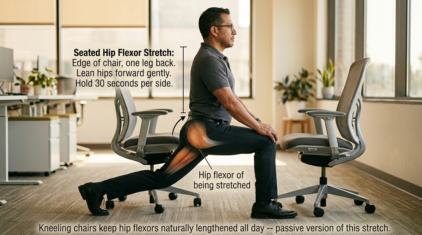 Seated hip flexor stretch at edge of office chair with hip flexor muscle highlight and forward hip push annotation