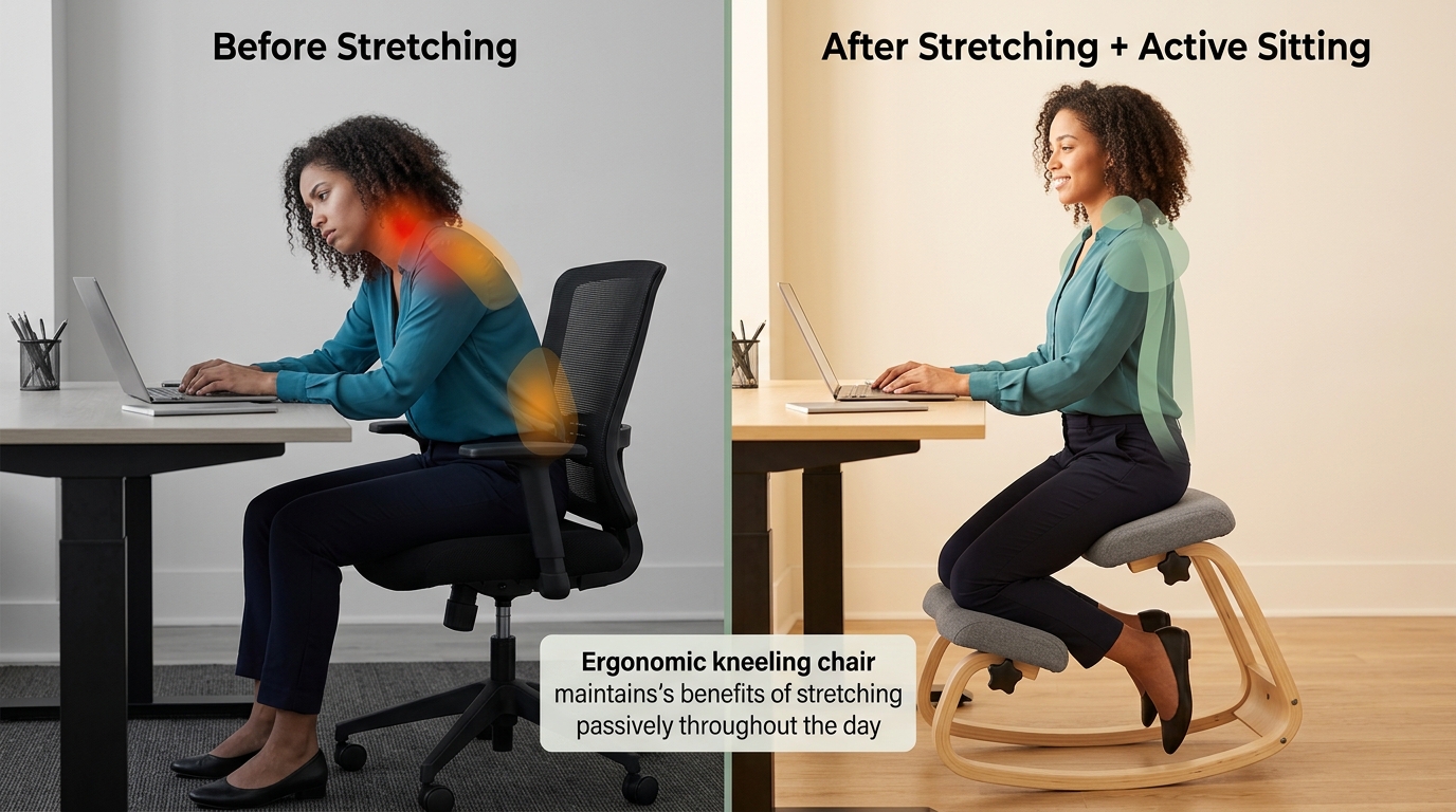 Before-and-after showing tension areas in red on standard chair versus relaxed posture in green on NYPOT kneeling chair after stretching