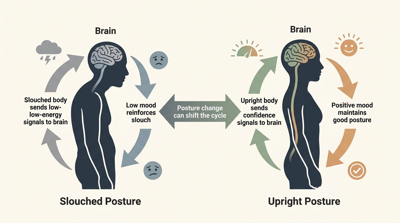 Bidirectional posture-mood illustration showing negative feedback loop with slouch and positive feedback loop with upright posture