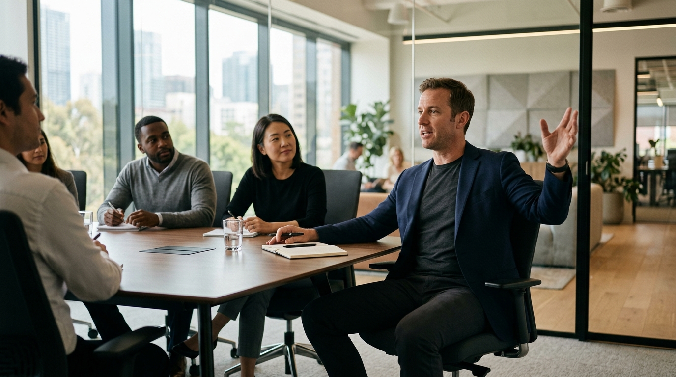 Man in confident upright posture during meeting, demonstrating how posture projects authority and reinforces positive mood