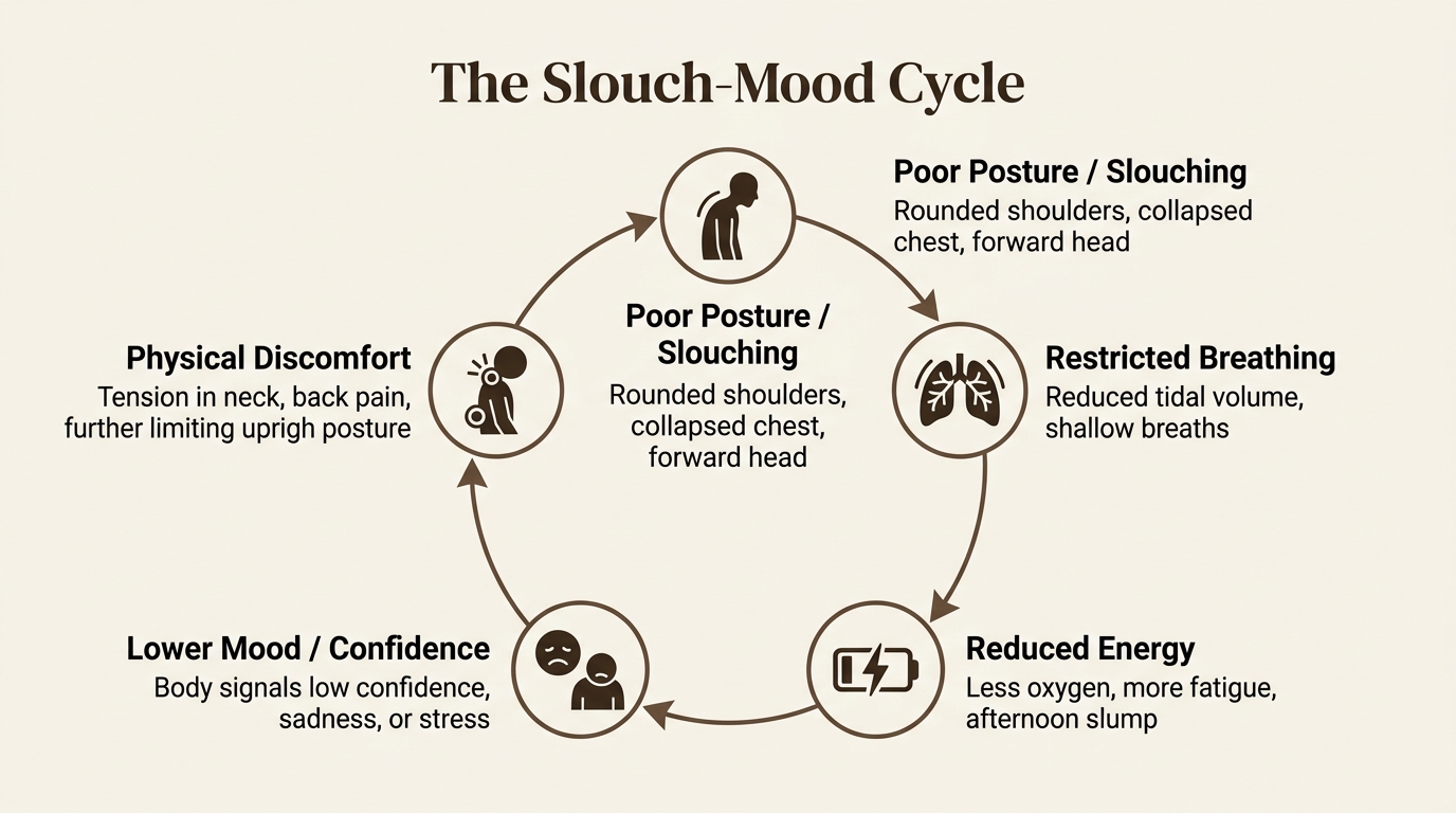 Circular diagram of the slouch-mood cycle with five stages from poor posture through restricted breathing and low mood, with cycle break point highlighted