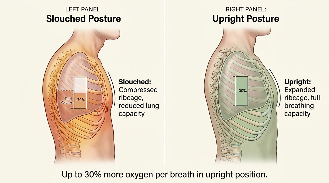 Lung capacity comparison showing compressed ribcage with reduced volume in slouched posture versus expanded ribcage with full volume in upright posture