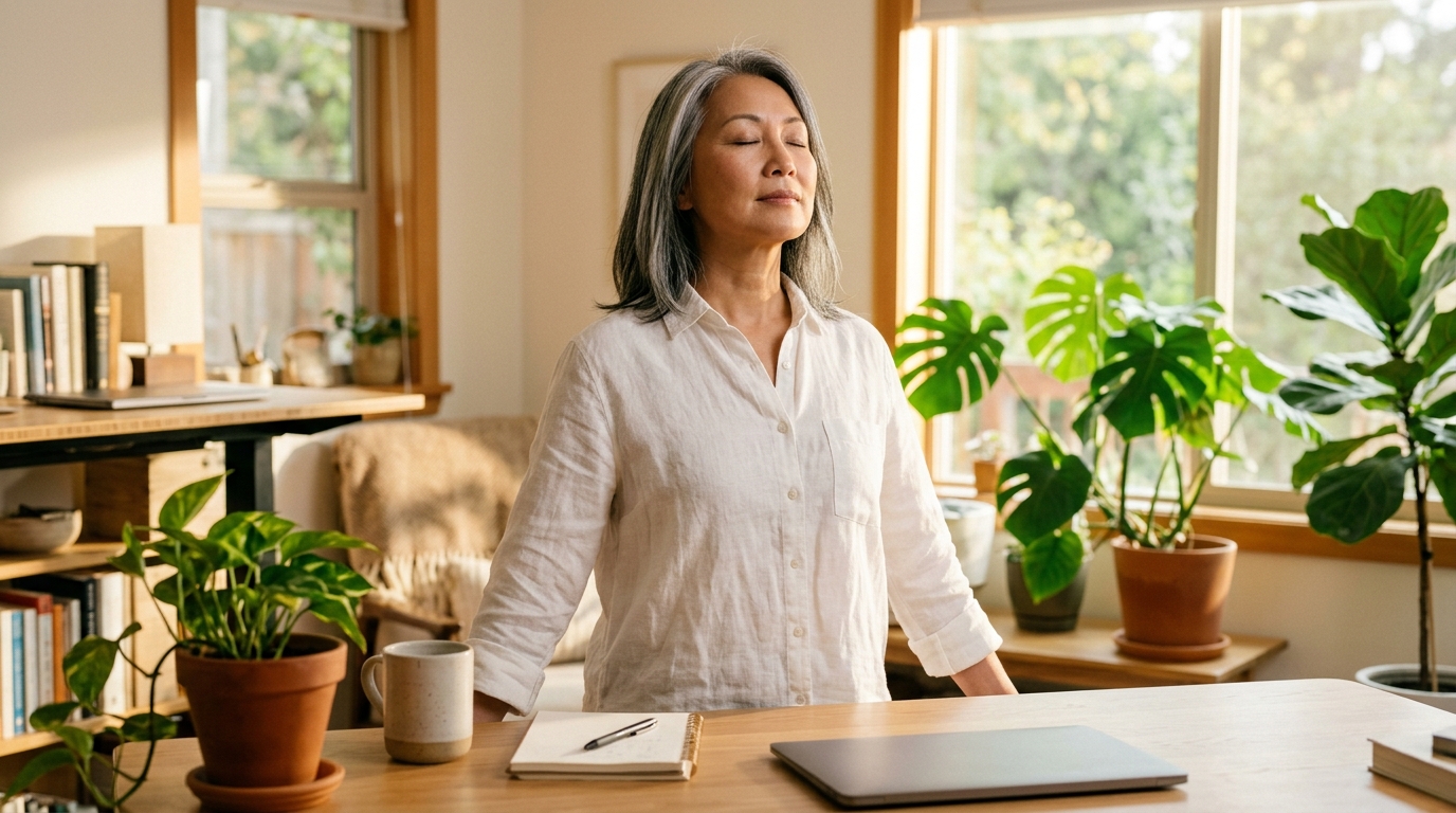 Woman taking a deep intentional breath during mid-afternoon break at her desk, eyes closed, chest open, demonstrating posture-mood reset