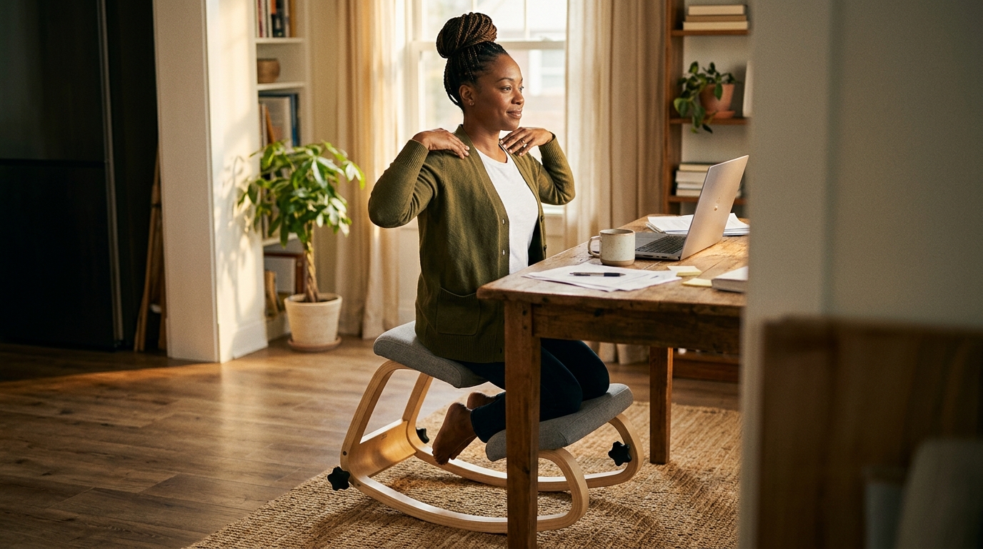 Woman doing a shoulder roll posture reset on NYPOT kneeling chair at her desk, demonstrating a quick micro-habit for mood improvement
