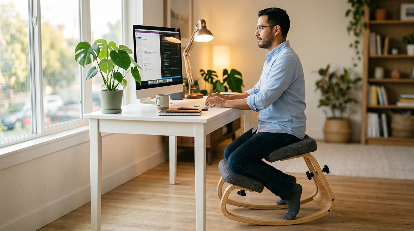 Man working calmly at NYPOT kneeling chair in bright organized home office, showing good posture as part of a balanced healthy workspace