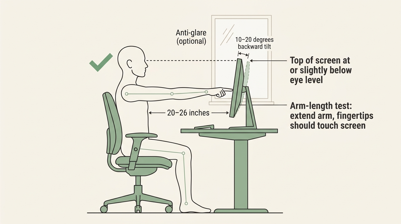Monitor height and distance guide showing eye-level alignment, arm-length distance test, and correct 10-20 degree tilt angle