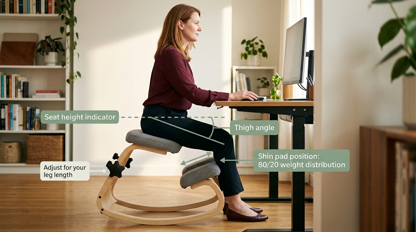 Annotated photo of proper NYPOT kneeling chair setup showing seat height, thigh angle, shin pad position, and adjustment knob locations