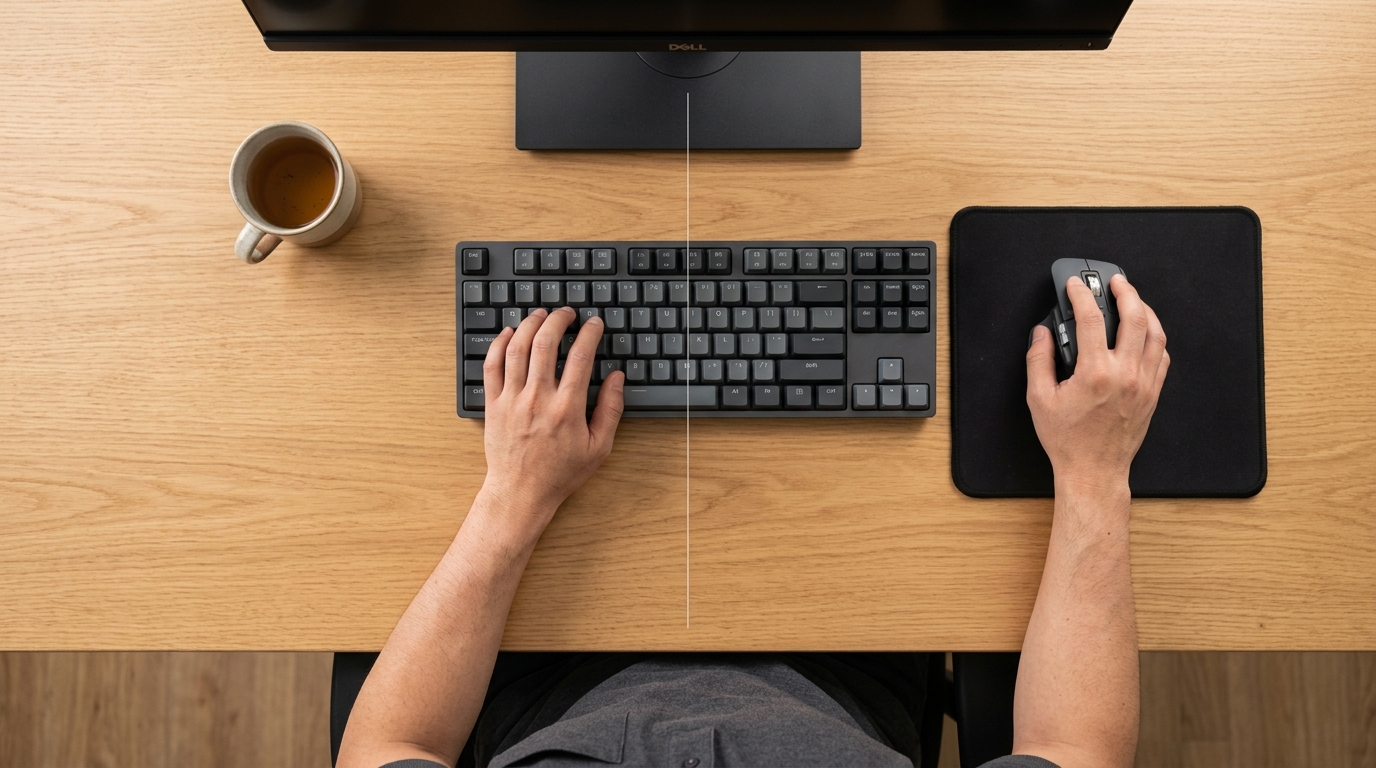 Overhead view of correct keyboard and mouse positioning showing centered compact keyboard, mouse within easy reach, and neutral wrist alignment