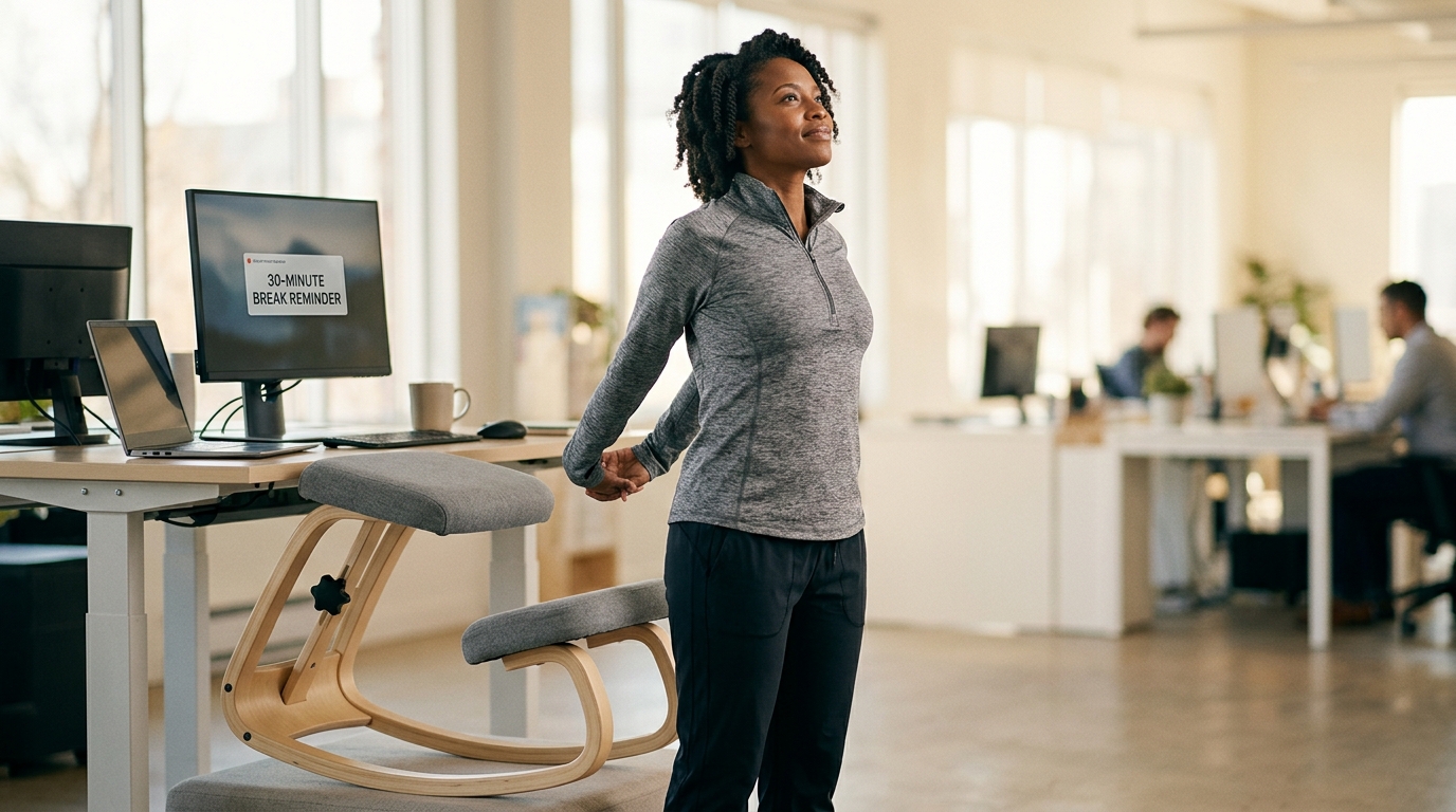 Woman stretching during movement break near desk with NYPOT kneeling chair visible, timer notification on screen showing 30-minute reminder