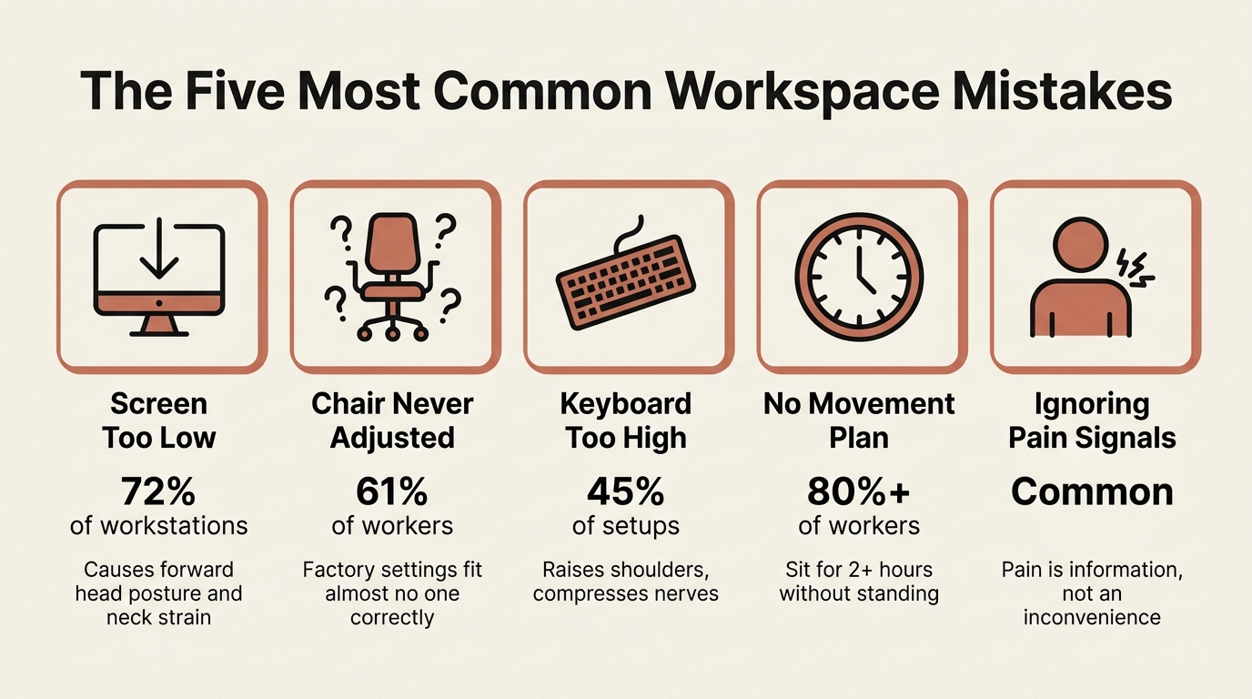Five most common workspace mistakes infographic: screen too low, chair unadjusted, keyboard too high, no movement plan, and ignoring pain signals