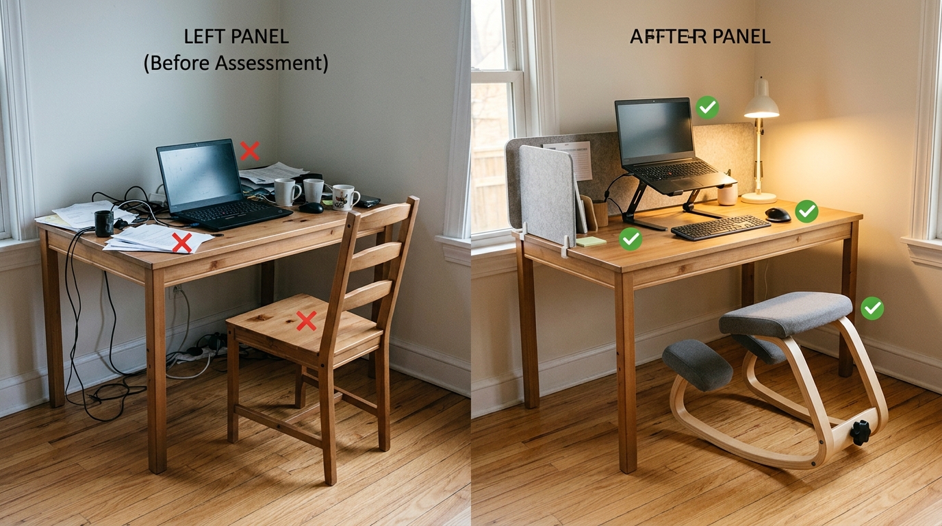 Workspace before-and-after assessment showing cluttered setup with dining chair versus corrected ergonomic workspace with NYPOT kneeling chair