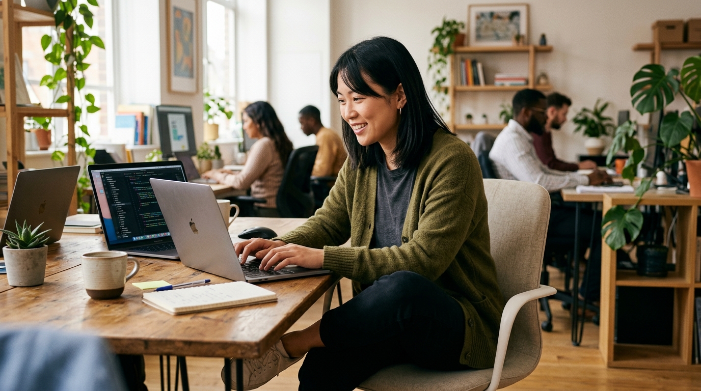 Woman productively fidgeting at desk, shifting position with one leg tucked under while working focused on laptop in creative office