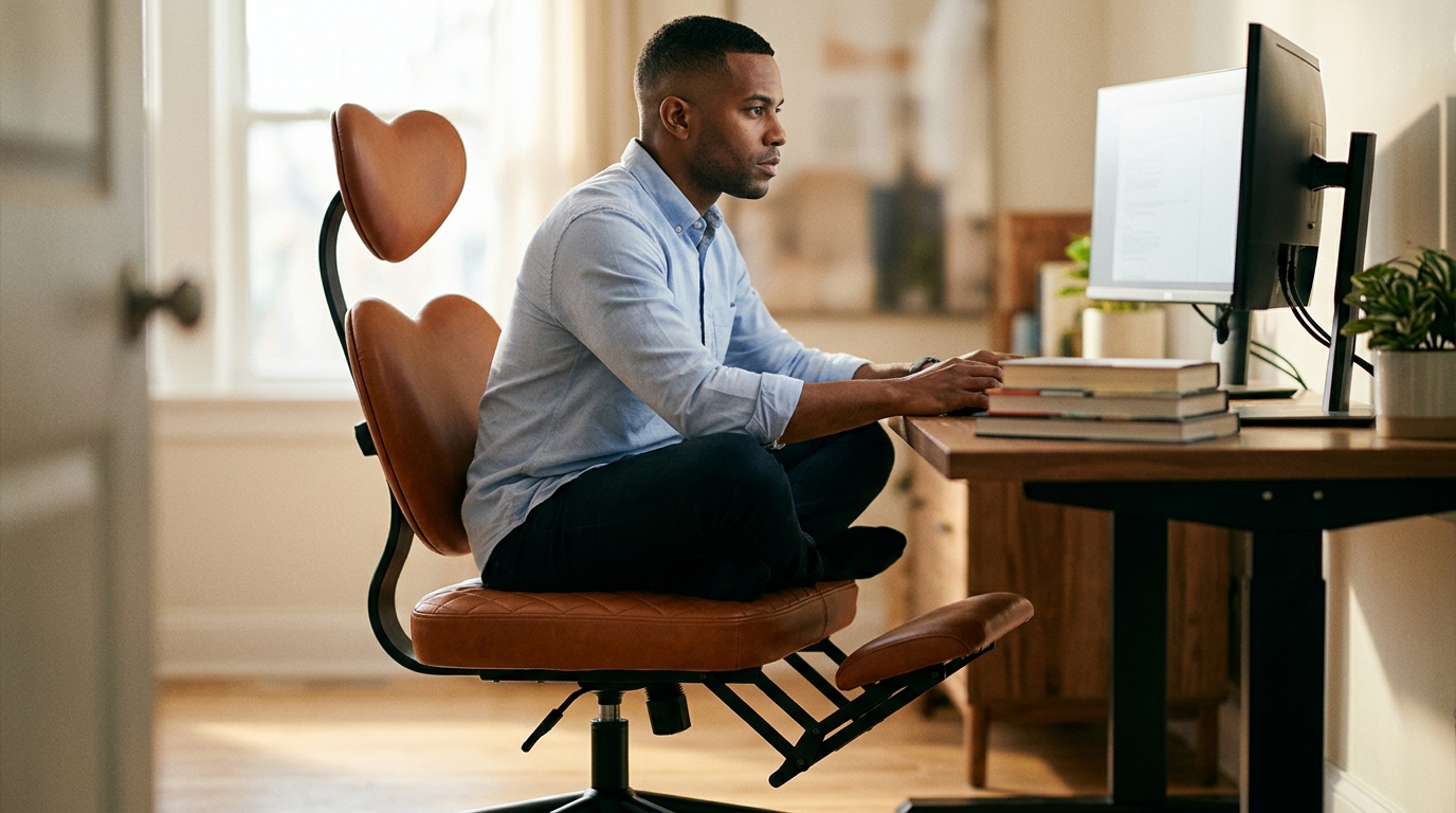 Man sitting cross-legged on NYPOT criss-cross chair in deep focused work at dual monitors, demonstrating proprioceptive self-regulation
