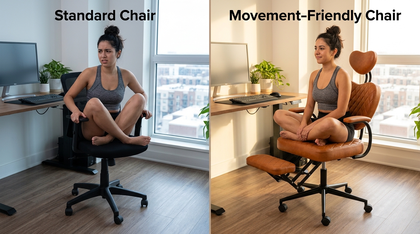 Comparison of uncomfortable cross-legged attempt on narrow standard chair versus comfortable cross-legged sitting on wide NYPOT criss-cross chair
