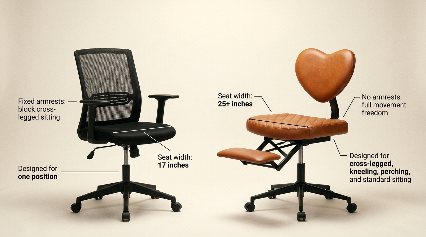 Side-by-side comparison of narrow 17-inch standard chair with armrests versus wide 25-inch NYPOT criss-cross chair showing seat width and movement freedom differences