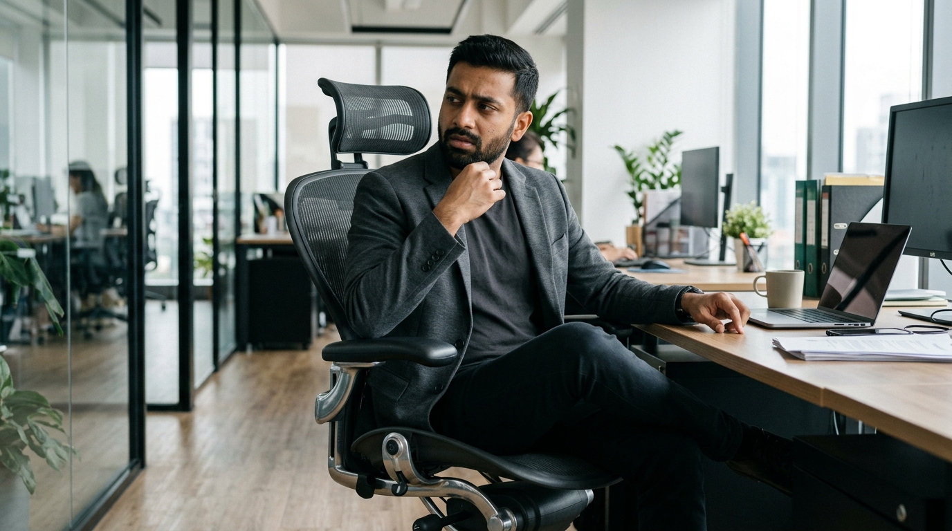 Man fidgeting uncomfortably in expensive standard office chair that restricts cross-legged sitting, showing mismatch between premium chair and ADHD movement needs