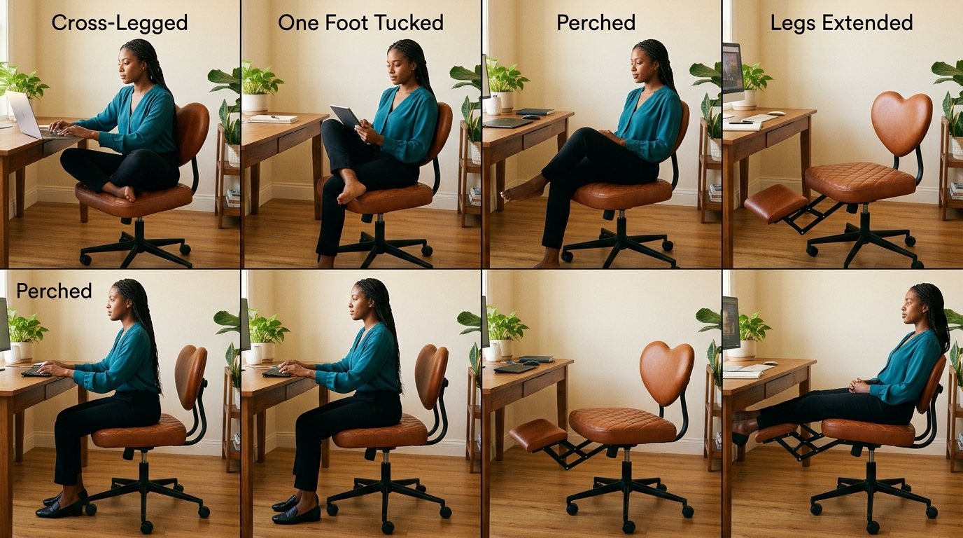 Four sitting positions on NYPOT criss-cross chair: cross-legged, one foot tucked, perched, and legs extended, showing versatility for ADHD sitting styles