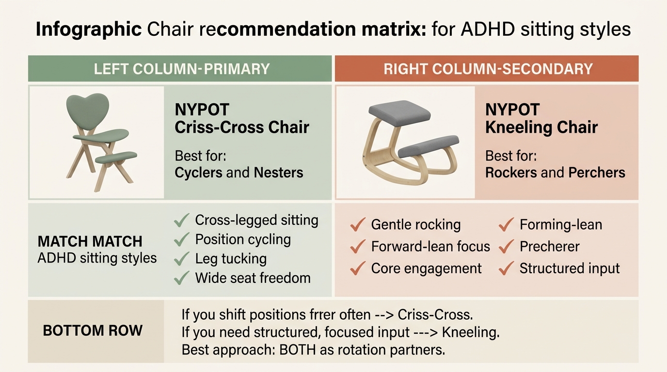 ADHD chair recommendation matrix matching criss-cross chair to cyclers and nesters versus kneeling chair to rockers and perchers