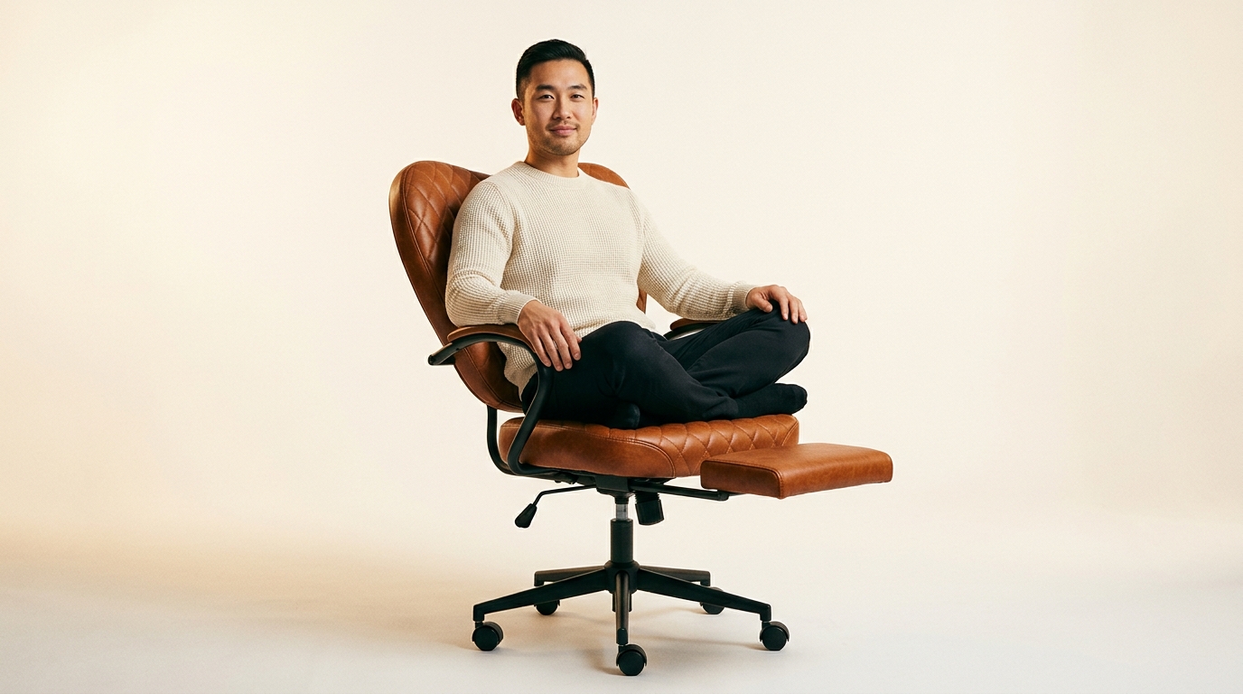 NYPOT criss-cross chair hero product shot with person sitting cross-legged, showing wide cognac leather seat, diamond quilting, and fold-out knee rest