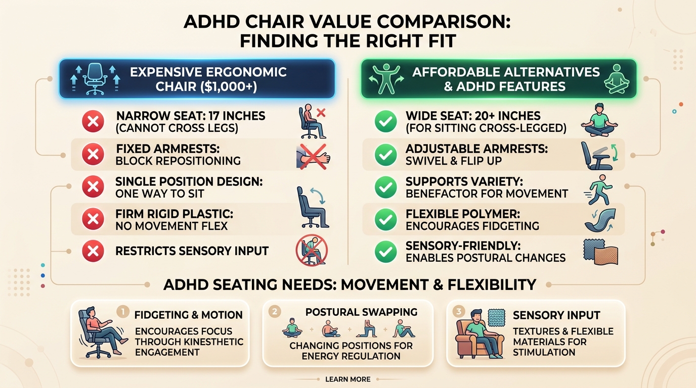 Value comparison infographic showing $1,000 narrow ergonomic chair restrictions versus $300 NYPOT criss-cross chair ADHD-friendly features