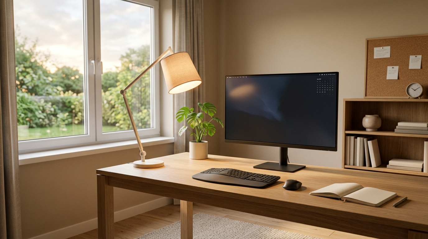 ADHD-friendly workspace with natural daylight and warm task lamp showing optimal lighting setup for focus and calm