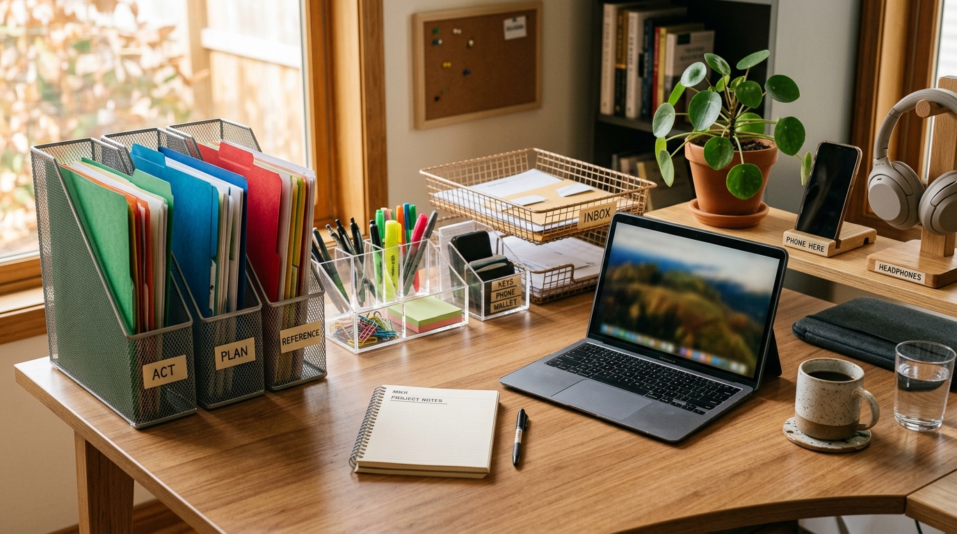 ADHD-friendly organized desk with clear containers, vertical file organizers, minimal surface clutter, and labeled designated spots
