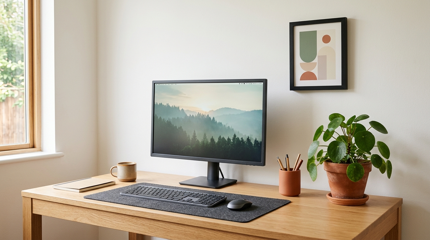 ADHD-friendly workspace demonstrating calm neutral base with strategic color pops from sage green plant and terracotta desk accessory