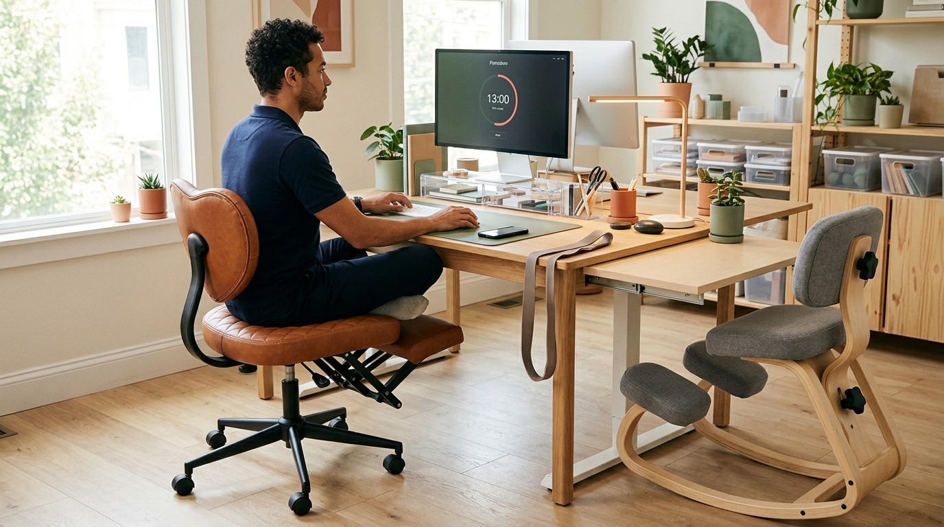 Complete ADHD-friendly workspace with NYPOT criss-cross chair at primary desk and kneeling chair for rotation, natural light, organized surface, and fidget tools